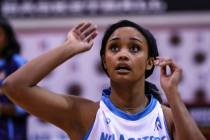 New Orleans Gators' Dylan Gonzalez looks at her shot during a basketball practice at the Cox Pa ...
