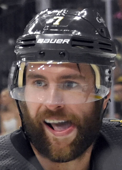 Vegas Golden Knights defenseman Alex Pietrangelo (7) looks on during the third period of an NHL ...