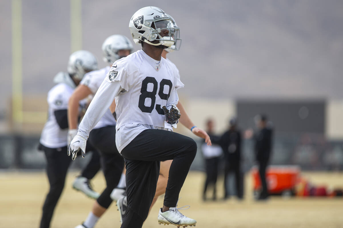 Raiders wide receiver Bryan Edwards (89) warms up during practice at Raiders headquarters at th ...