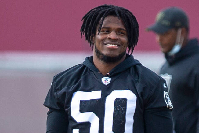 Raiders linebacker Nicholas Morrow (50) stretches during practice at Raiders headquarters at th ...