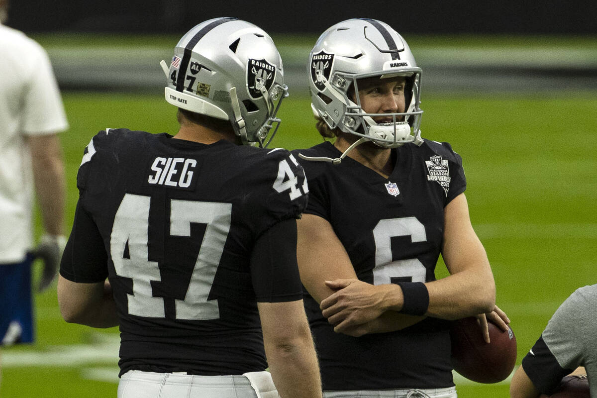 Las Vegas Raiders long snapper Trent Sieg (47) and punter AJ Cole (6) chat before an NFL footba ...