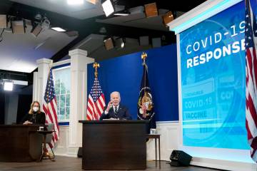 President Joe Biden, accompanied by FEMA administrator Deanne Criswell, speaks about the govern ...