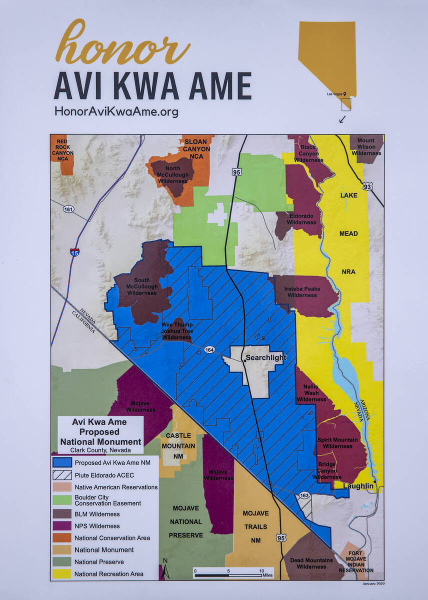 Placard on display during a press conference for the bill to designate Avi Kwa Ame (the Mojave ...