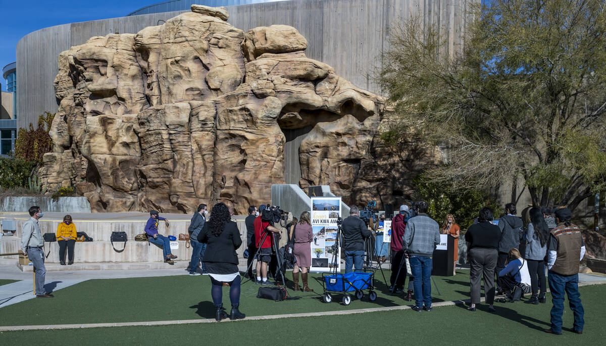 Laughlin Town Advisory Board Chair Kathy Ochs speaks about the bill to designate Avi Kwa Ame (t ...