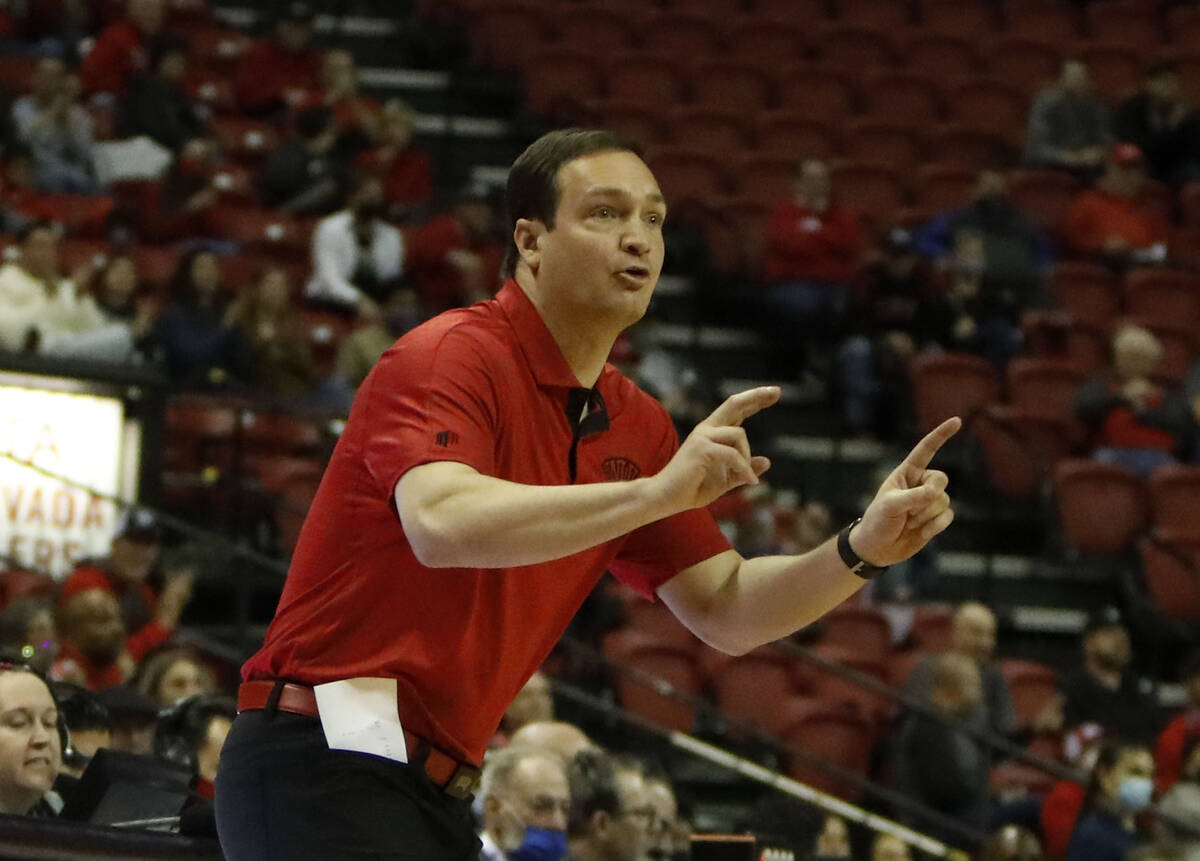 UNLV head coach Kevin Kruger gestures during the second half of a college basketball game, Frid ...