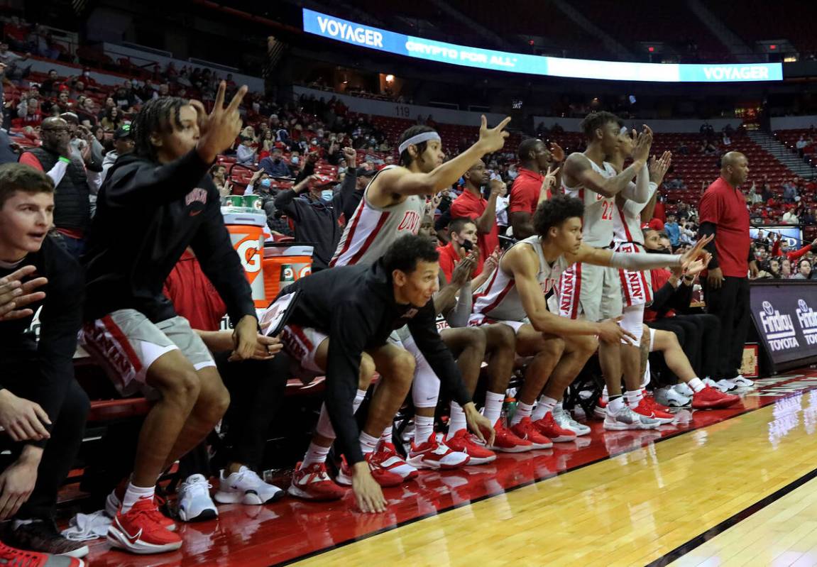UNLV Rebels players cheer during the second half of a college basketball game against Fresno St ...