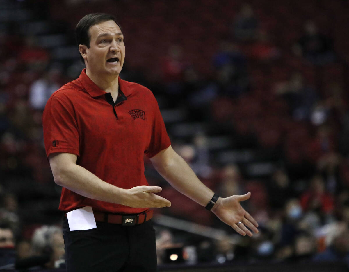 UNLV head coach Kevin Kruger gestures during the second half of a college basketball game, Frid ...