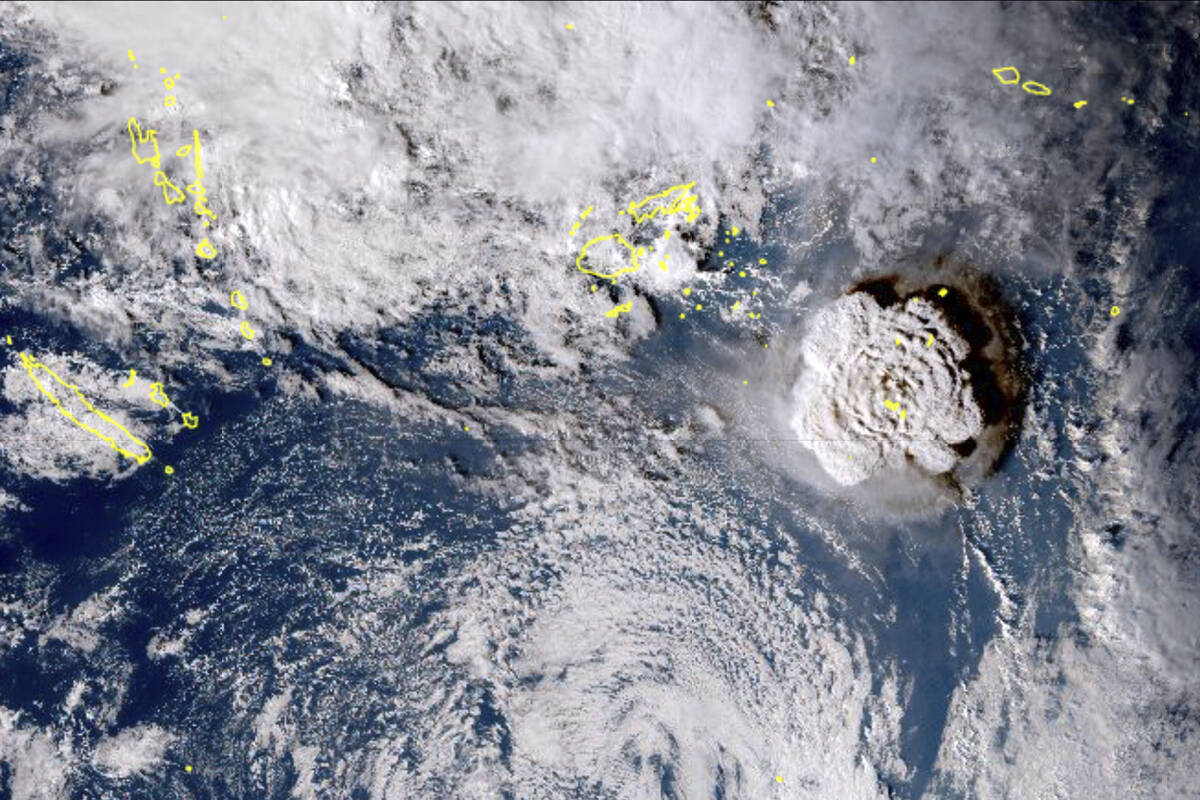In this satellite image taken by Himawari-8, a Japanese weather satellite, and released by the ...