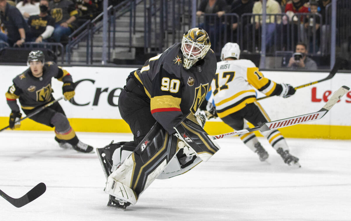 Golden Knights goaltender Robin Lehner (90) sprints back to net after clearing the puck in the ...