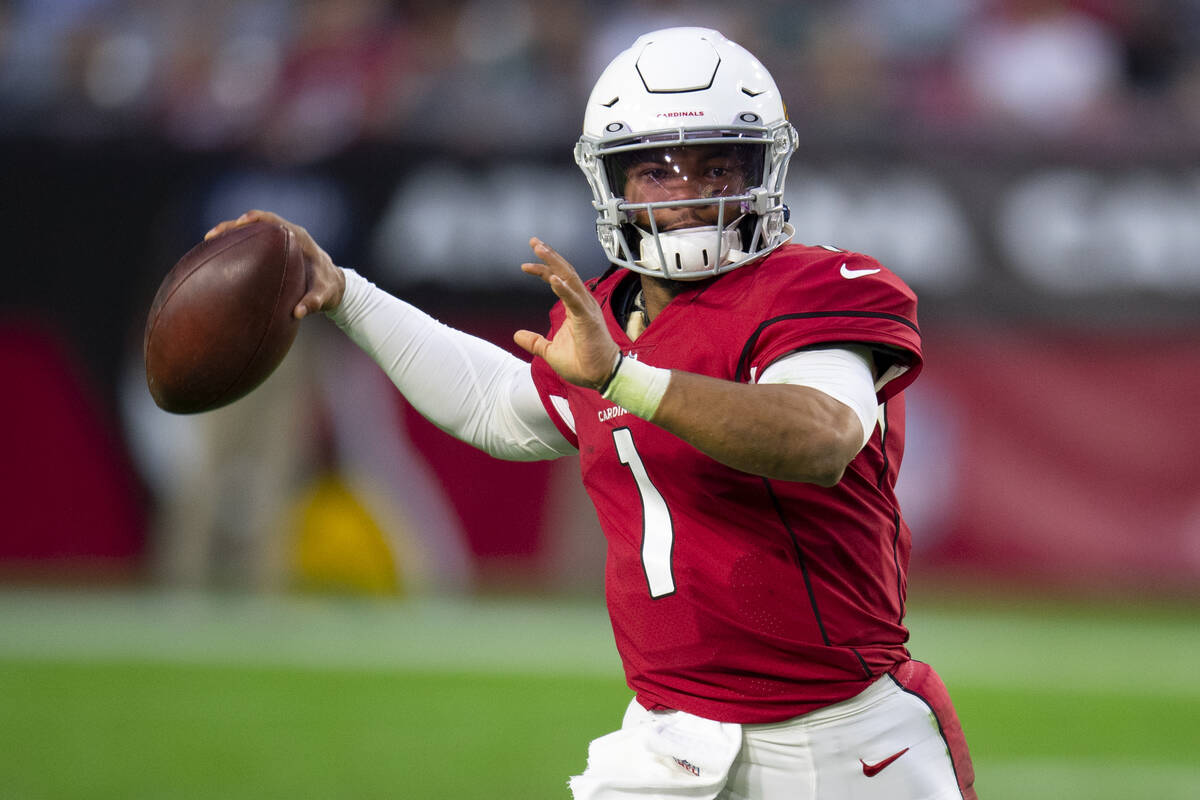 Arizona Cardinals quarterback Kyler Murray (1) throws a pass against the Seattle Seahawks durin ...