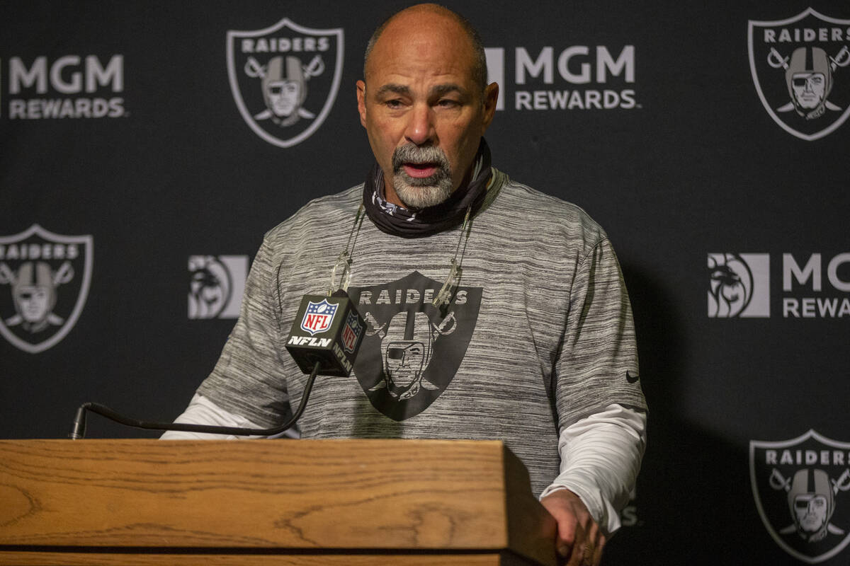 Raiders interim head coach Rich Bisaccia speaks during a postgame news conference after the tea ...