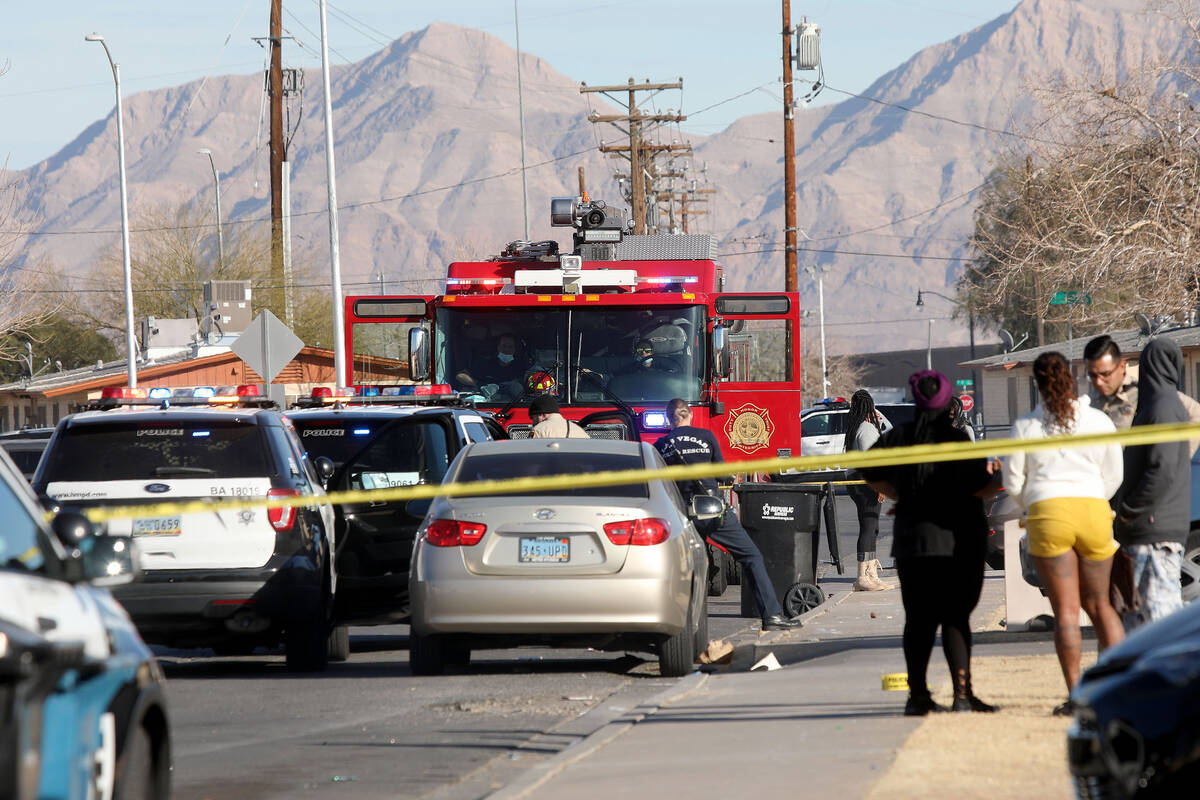 Las Vegas police investigate a homicide around 915 Morgan Avenue, Monday, Jan. 17, 2022, in Las ...