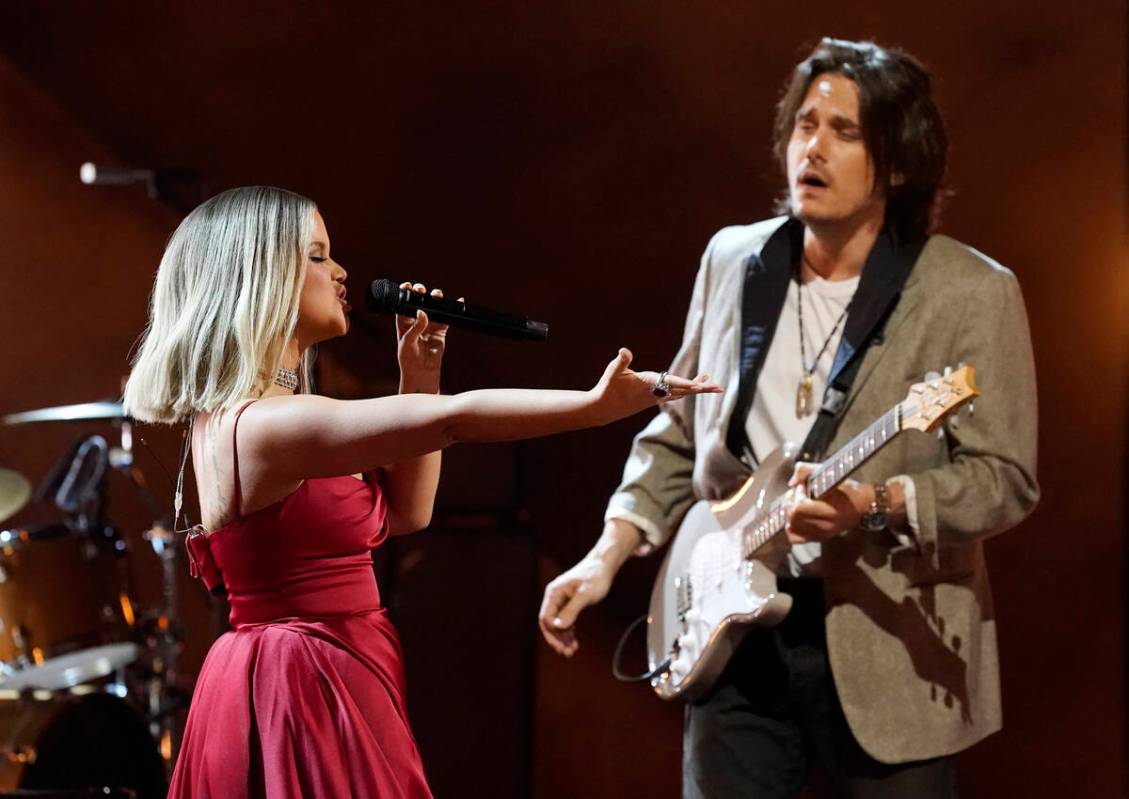 Maren Morris, left, and John Mayer perform "The Bones" at the 63rd Grammy Awards at t ...