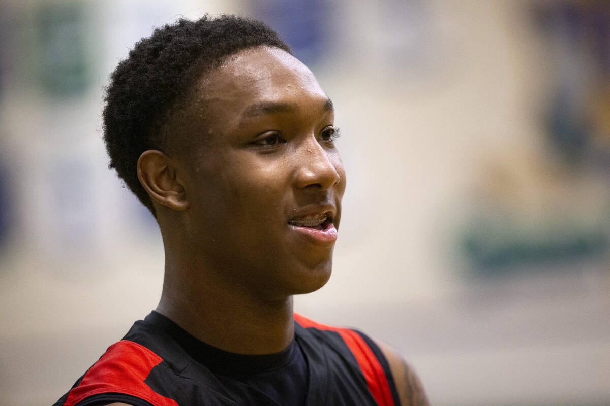 Las Vegas’ star player Taviontae Jackson smiles after beating Green Valley 71-51 in a boys hi ...