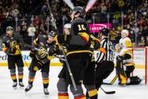 Golden Knights center Nicolas Roy (10) celebrates after scoring a first period goal during an N ...