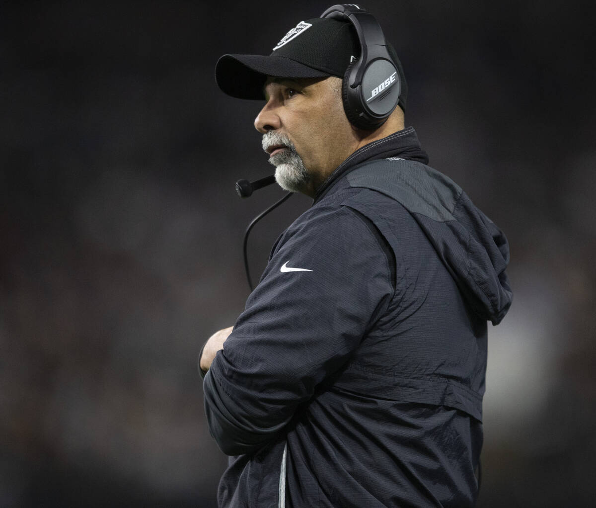 Raiders interim head coach Rich Bisaccia looks on from the sideline during the first half of an ...