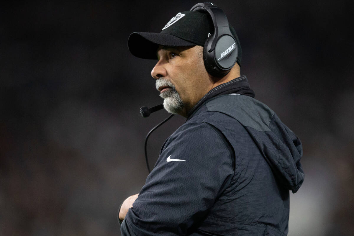 Raiders interim head coach Rich Bisaccia looks on from the sideline during the first half of an ...