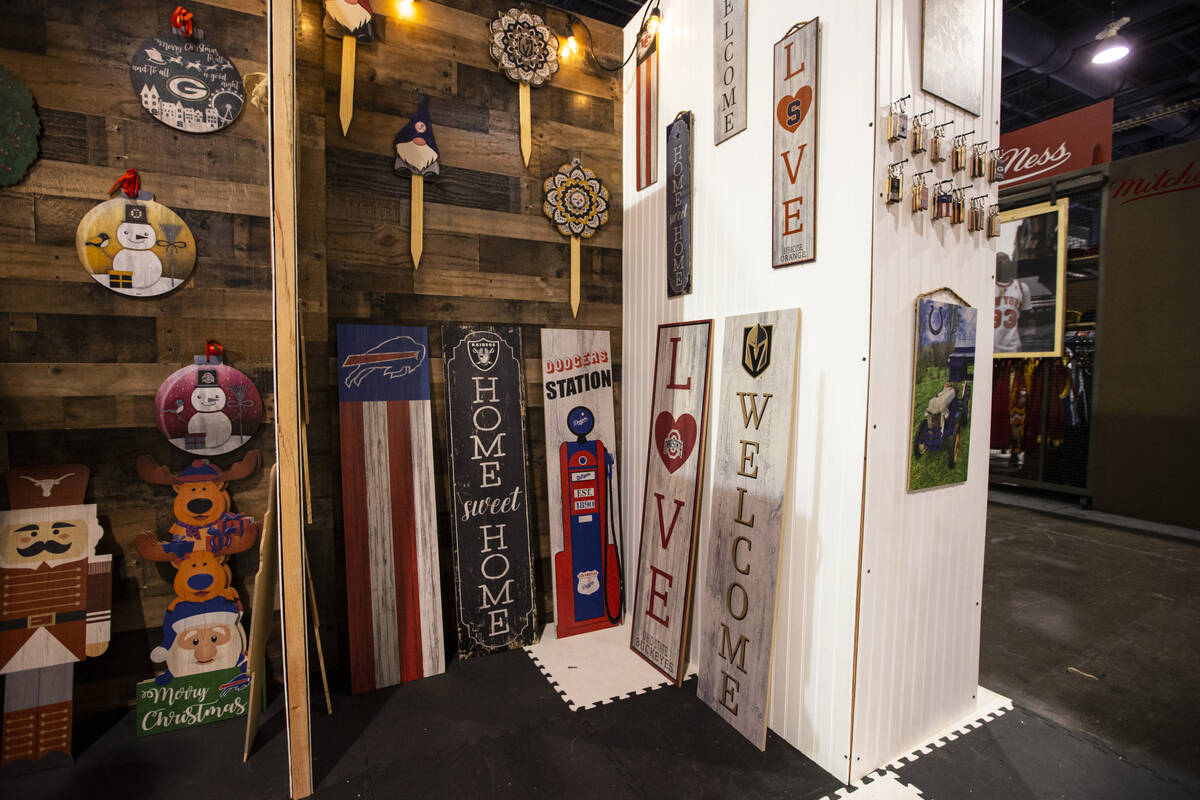 Decorative items are seen at the Fan Creations booth during the Sports Licensing & Tailgate ...
