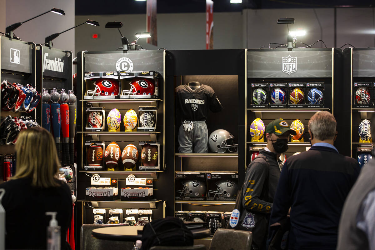 Themed apparel at the Franklin booth is seen during the Sports Licensing & Tailgate Show at ...