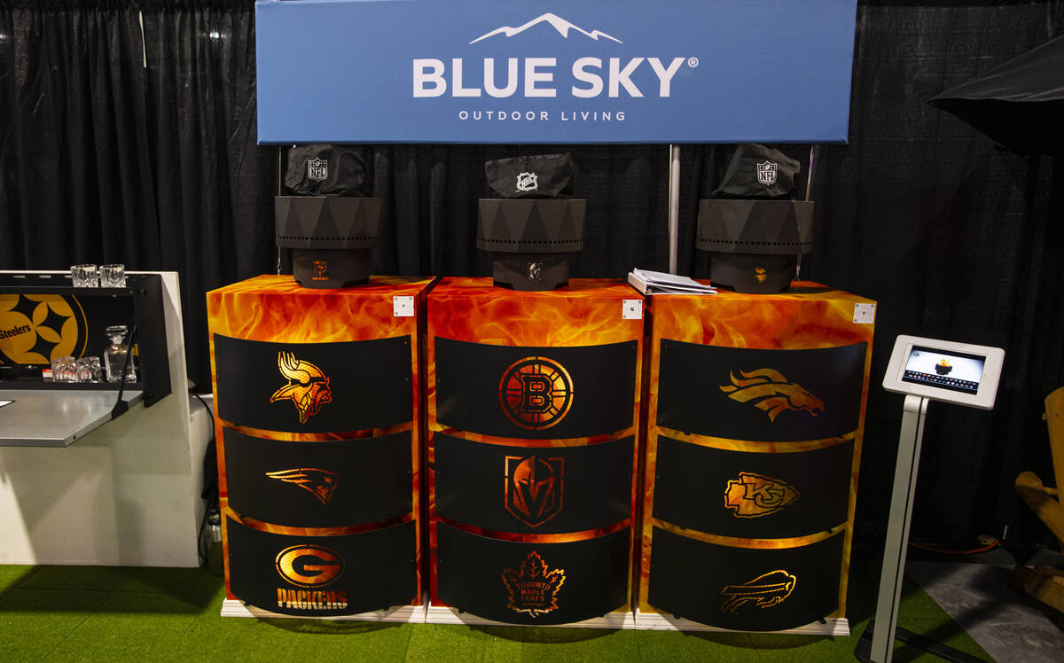 Smokeless fire pits are seen at the Blue Sky Outdoor Living booth during the Sports Licensing & ...