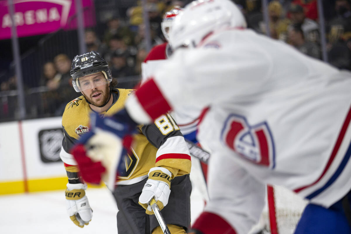 Golden Knights center Jonathan Marchessault (81) skates for the puck while Canadiens defenseman ...