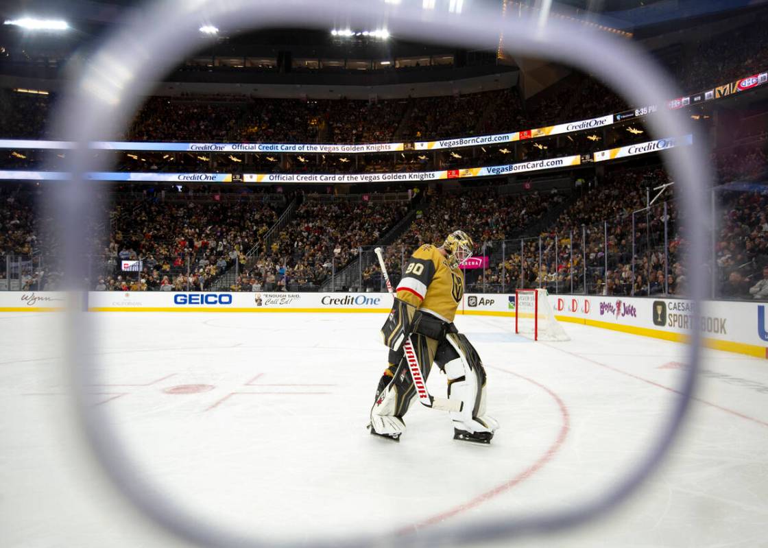 Golden Knights goaltender Robin Lehner (90) skates around the net during the second period of a ...