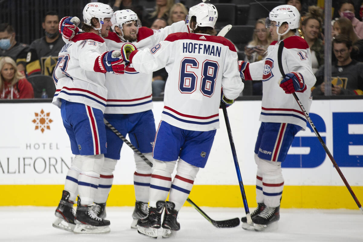 Canadiens right wing Tyler Toffoli (73), left wing Christian Dvorak (28), center Mike Hoffman ( ...