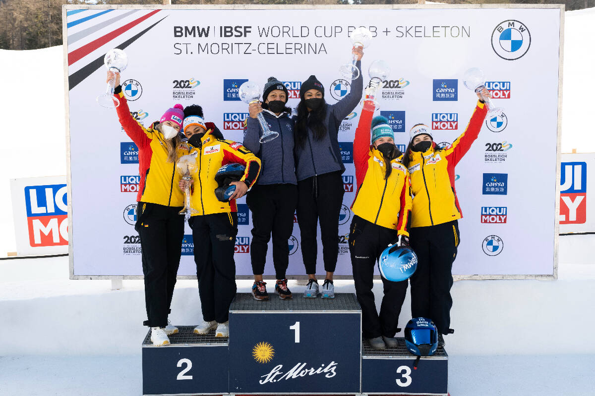 Second placed Laura Nolte and Deborah Levi of Germany, winner Elena Meyers Taylor and Kaysha Lo ...
