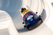 Elena Meyers Taylor/Kaysha Love of USA in action during the Women's 2er Bob World Cup in St. Mo ...