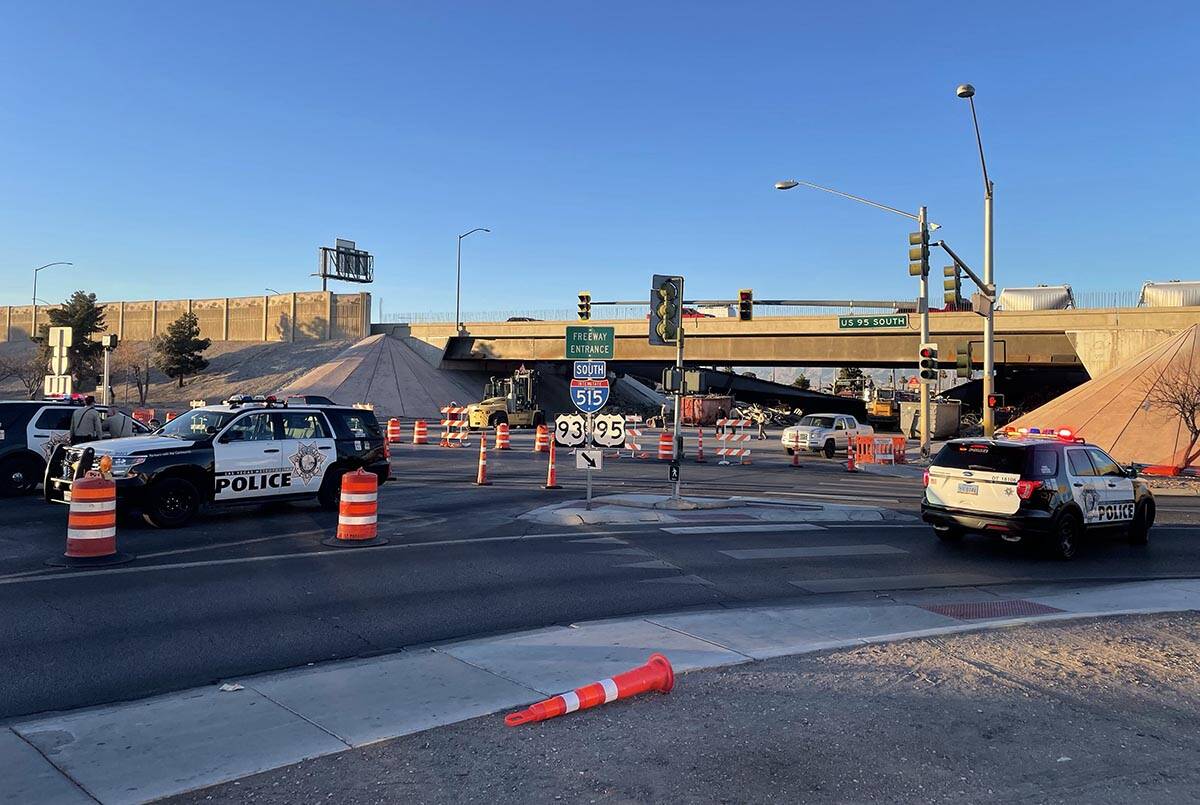 The scene of a suspected bridge collapse at U.S. 95 and Eastern Avenue on Thursday, Jan. 21, 20 ...