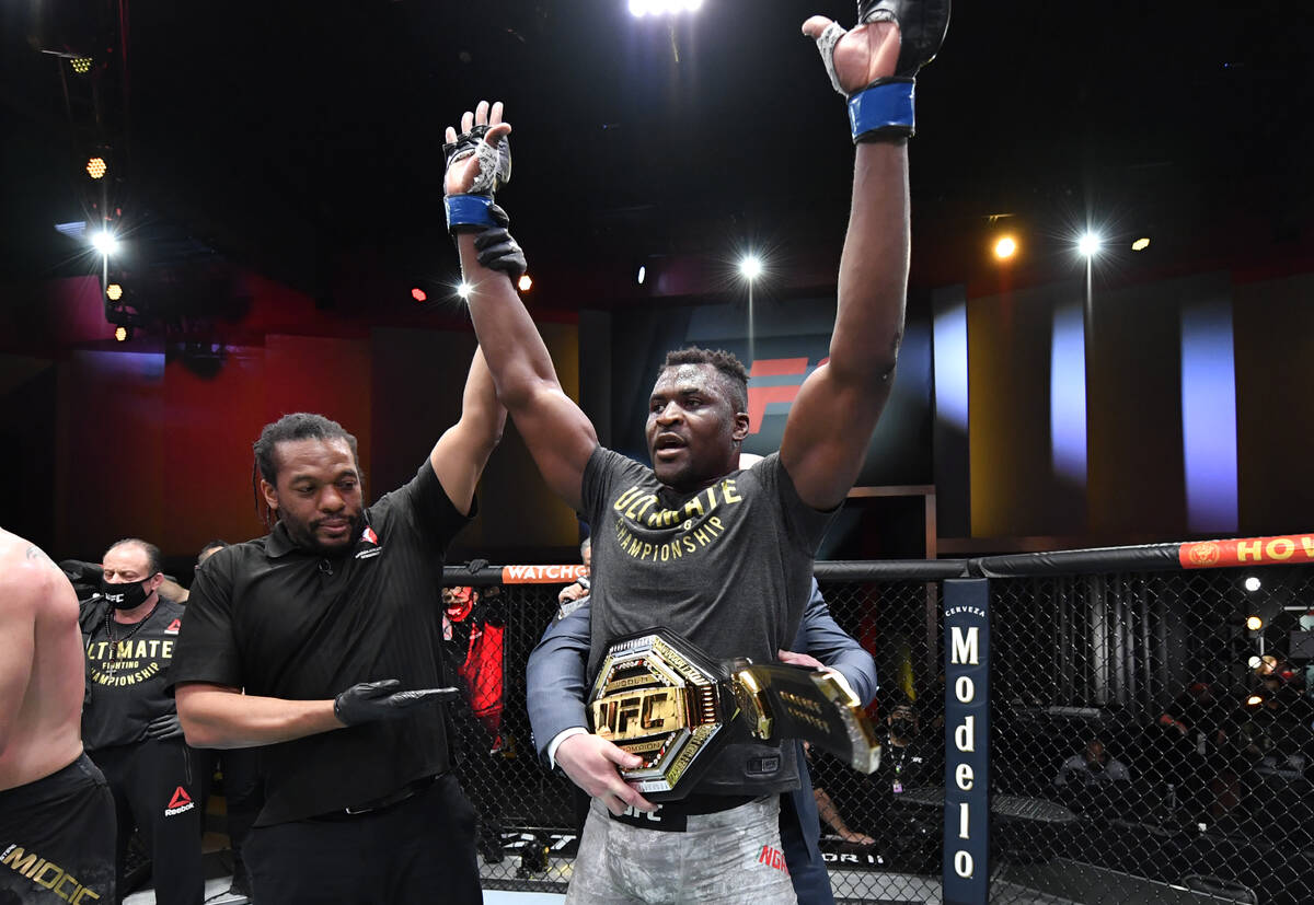 Francis Ngannou of Cameroon reacts after his victory over Stipe Miocic in their UFC heavyweight ...