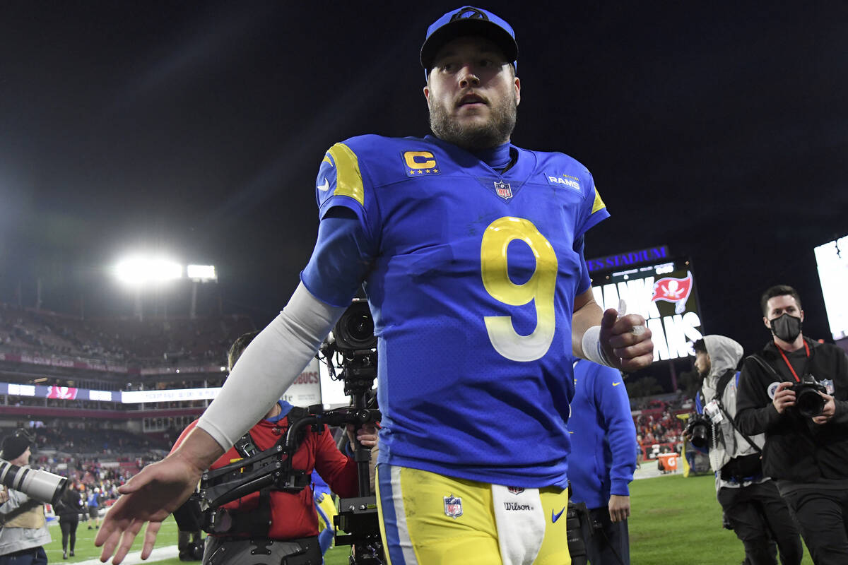Los Angeles Rams quarterback Matthew Stafford (9) celebrates as he leaves the field after the t ...