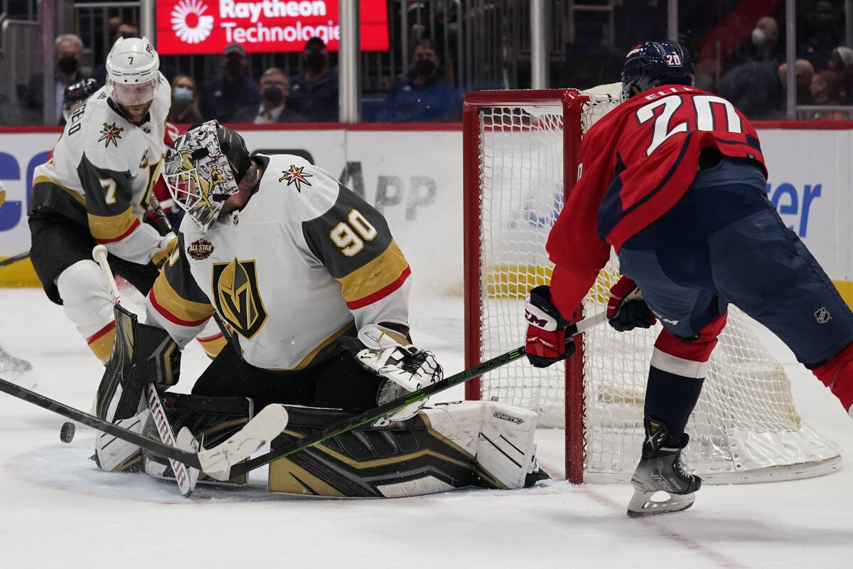 Vegas Golden Knights goaltender Robin Lehner (90) makes a save against Washington Capitals cent ...