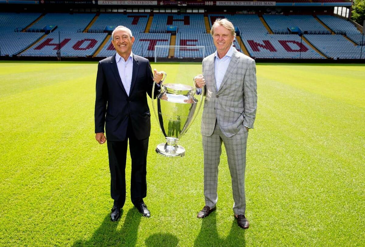 Naseef Sawiris, left, and Wes Edens, co-owners of the Premier League’s Aston Villa soccer clu ...