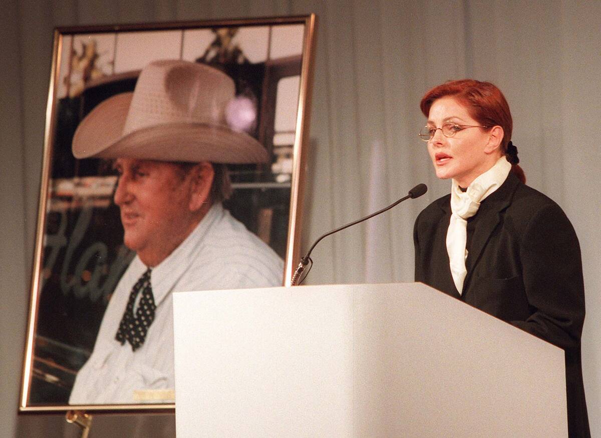 Priscilla Presley speaks at the Memorial Service of Thomas A Parker who died on January 21, 199 ...