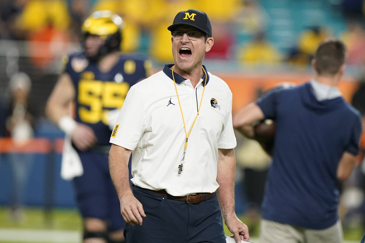 Michigan head coach Jim Harbaugh yells during warm ups before the Orange Bowl NCAA College Foot ...