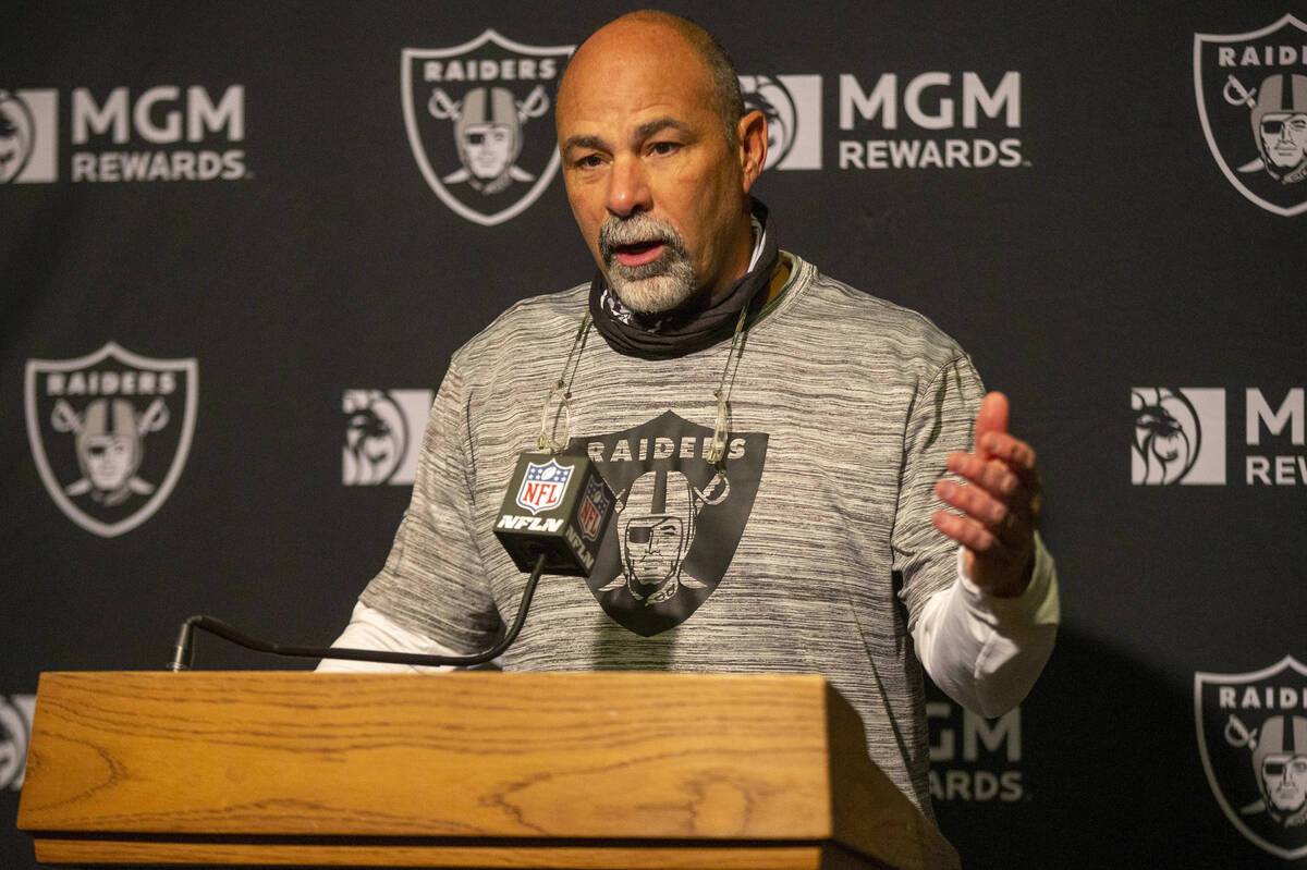 Raiders interim head coach Rich Bisaccia addresses the media during a news conference following ...
