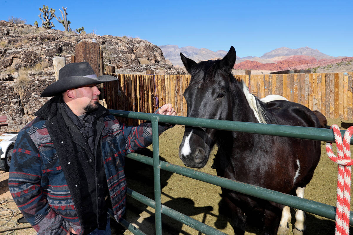 Mark Flood, general manager of Cowboy Trail Rides in Red Rock Canyon, visits with Oreo during a ...