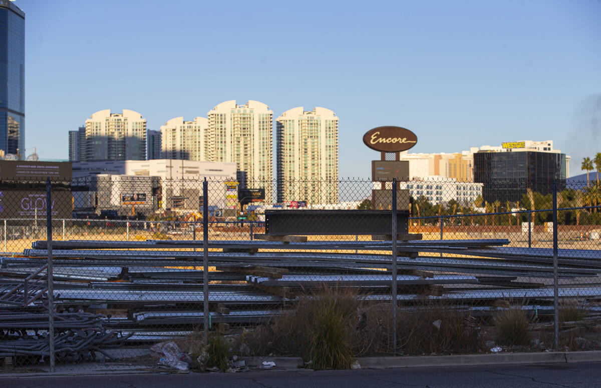 A sign for Encore is seen along Fashion Show Drive with land owned by Wynn Resorts in the foreg ...