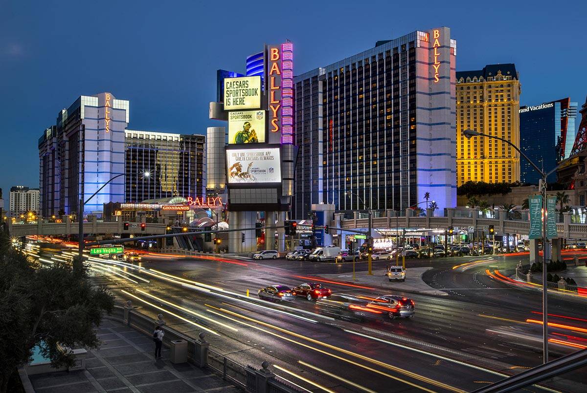Cars stream along East Flamingo Road near the exterior of Bally’s Las Vegas which will b ...
