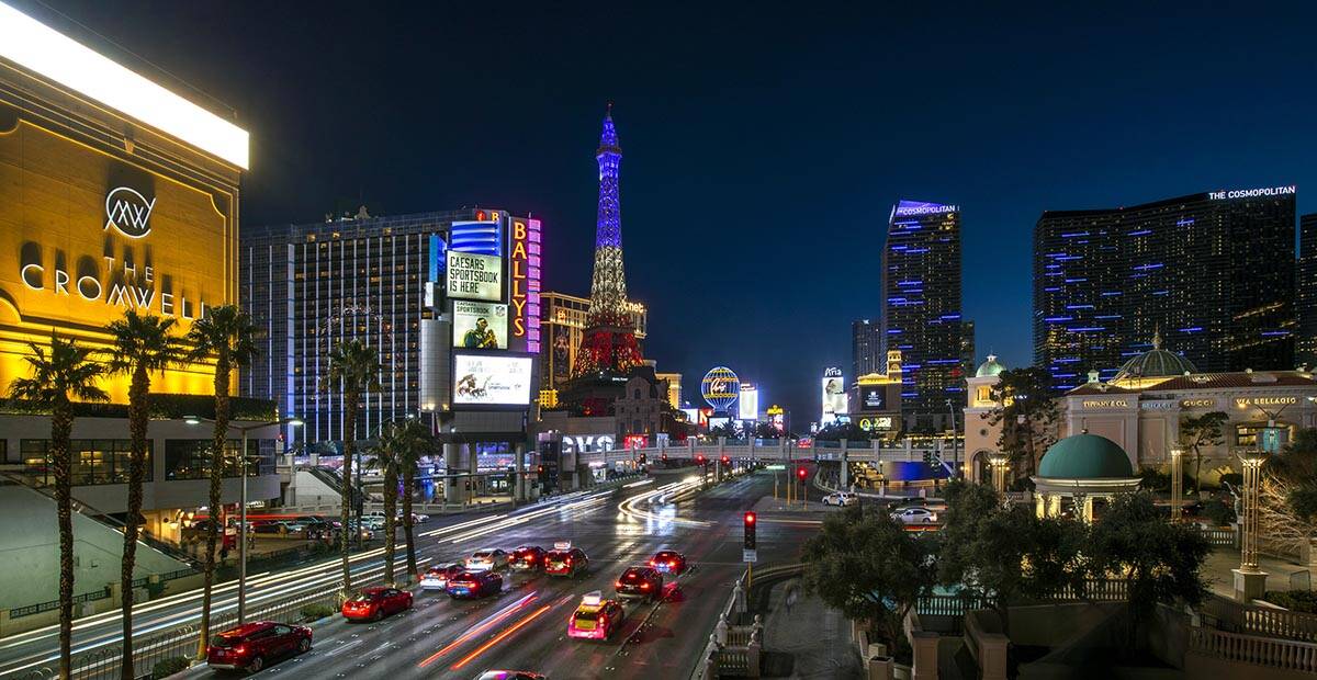 Cars stream along South Las Vegas Boulevard near the exterior of Bally’s Las Vegas which ...