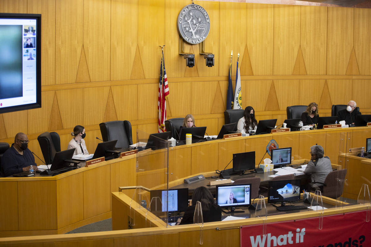 Committee members participate during a 1 October Memorial Committee at the Clark County Governm ...
