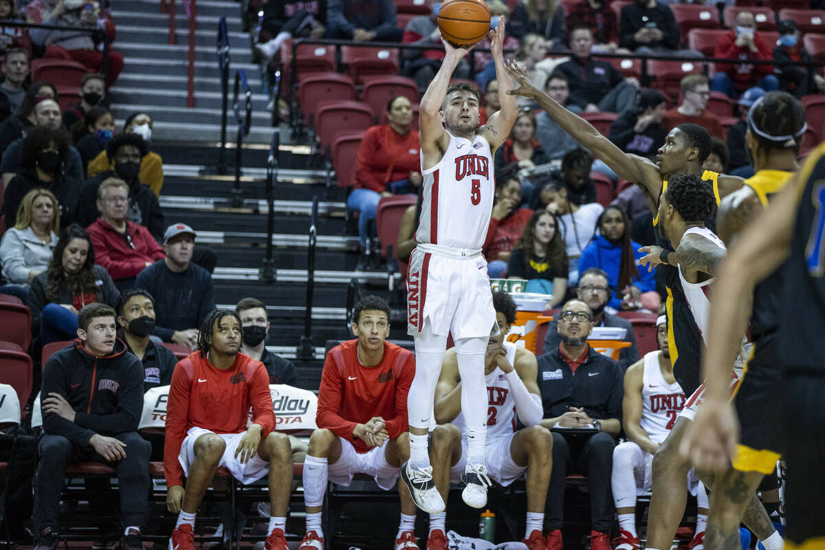 UNLV Rebels guard Jordan McCabe (5) elevates for another three-point basket as San Jose State S ...