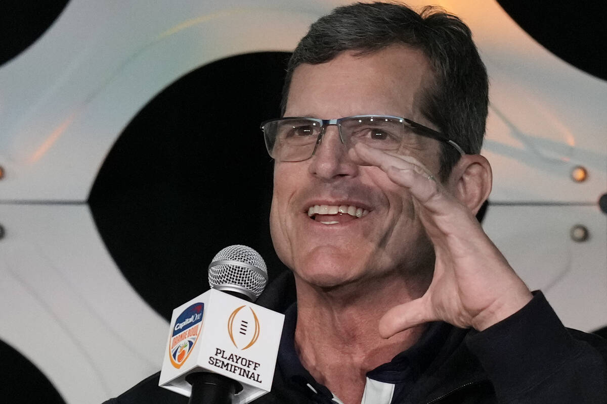 Michigan Wolverines head coach Jim Harbaugh speaks during a coaches luncheon ahead of the Orang ...