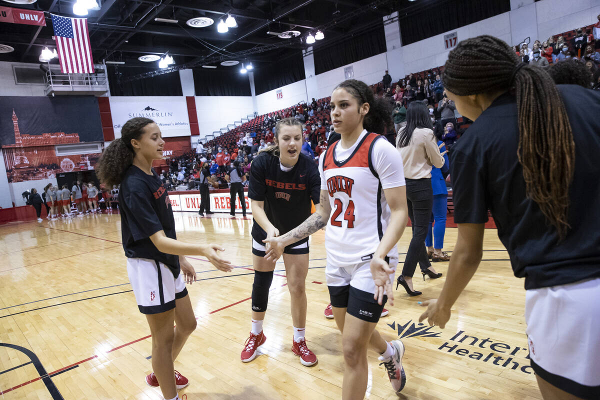 UNLV Lady Rebels guard Essence Booker (24) is introduced before taking on the New Mexico Lobos ...