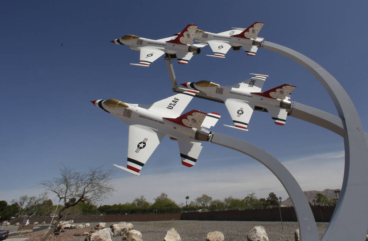 A display of U.S. Air Force Thunderbird jets near the main entrance checkpoint at Nellis Air Fo ...
