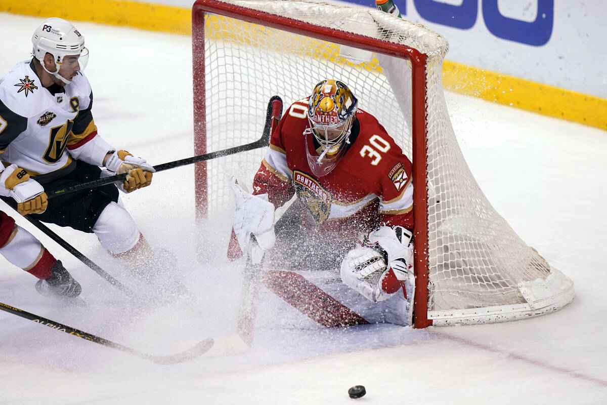 Florida Panthers goaltender Spencer Knight (30) defends the goal against Vegas Golden Knights r ...