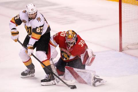 Vegas Golden Knights left wing Max Pacioretty (67) lines up a shot as Florida Panthers goaltend ...