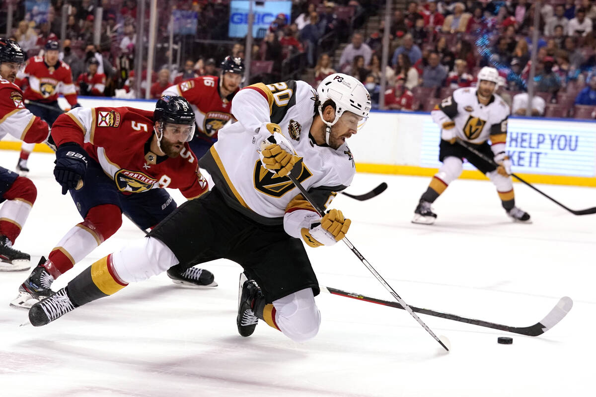 Florida Panthers defenseman Aaron Ekblad (5) and Vegas Golden Knights center Chandler Stephenso ...