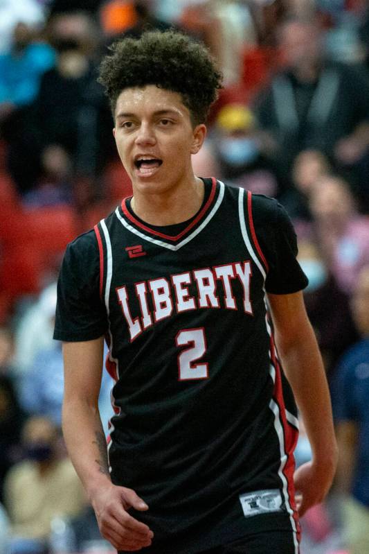 Liberty’s Angelo Kambala (2) reacts to a referee’s call during the first half of ...